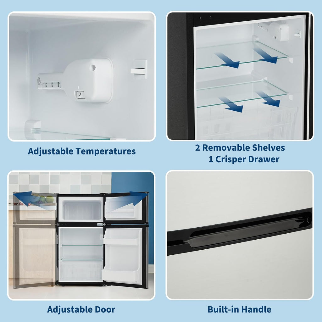 IDEALHOUSE Double Door Mini Fridge with Freezer, 3.1 Cu.Ft - Stainless Steel Compact Refrigerator, Adjustable Thermostat, Removable Glass Shelves for Small Spaces, Dorm, Apartment