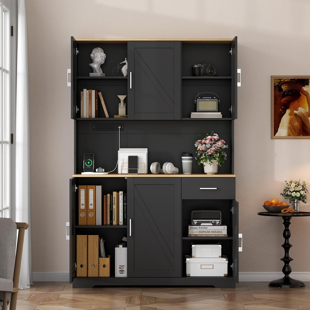 71' Tall Kitchen Pantry Storage Cabinet with Charging Station,Farmhouse Buffet Cabinet with Microwave Shelf,Large Kitchen Hutch Cabinet Doors & Drawer,Food Pantry for Dining Room,Living Room (Black)