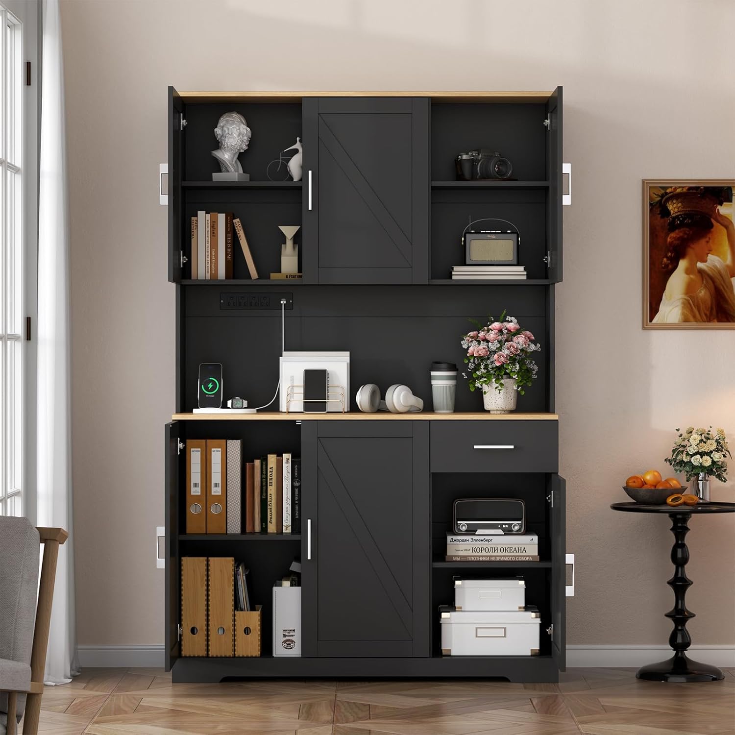 71' Tall Kitchen Pantry Storage Cabinet with Charging Station,Farmhouse Buffet Cabinet with Microwave Shelf,Large Kitchen Hutch Cabinet Doors & Drawer,Food Pantry for Dining Room,Living Room (Black)