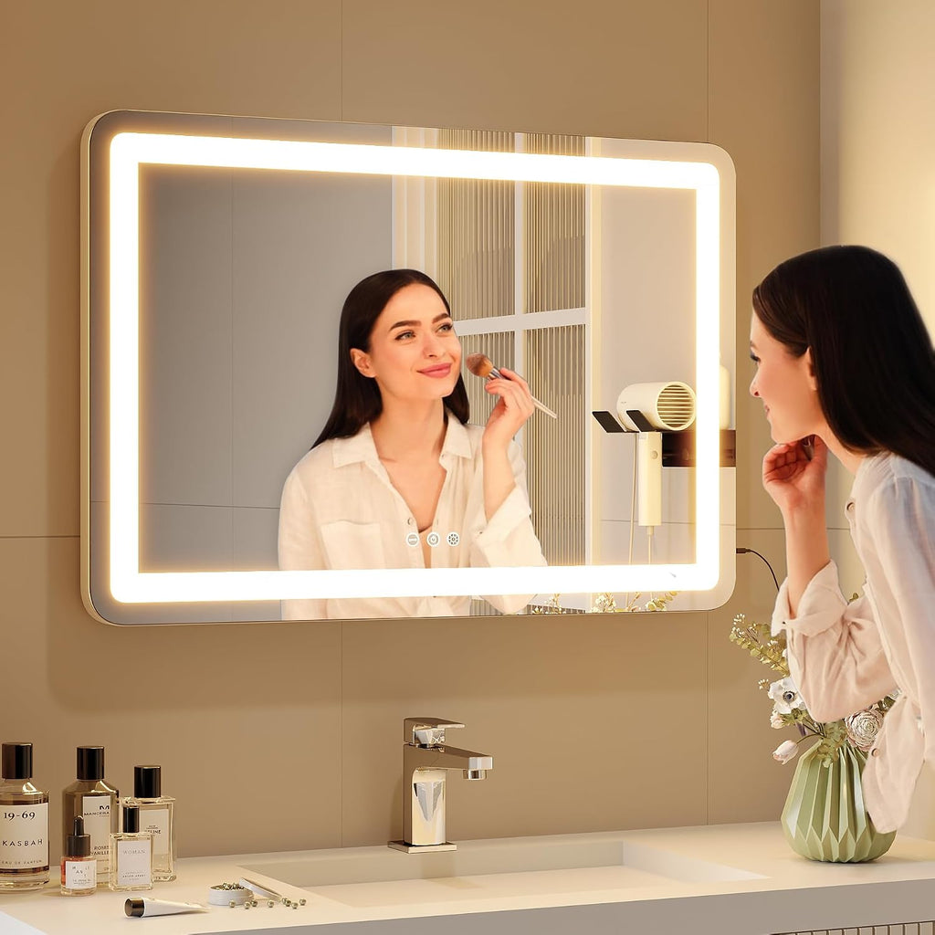ZL ZELing Vanity Mirror with Lights, 32' x 23', LED Makeup Mirror, Dimmable 3-Color Lighting, 5X Magnification, Touch Screen Control, Wall-Mountable and Tabletop Design