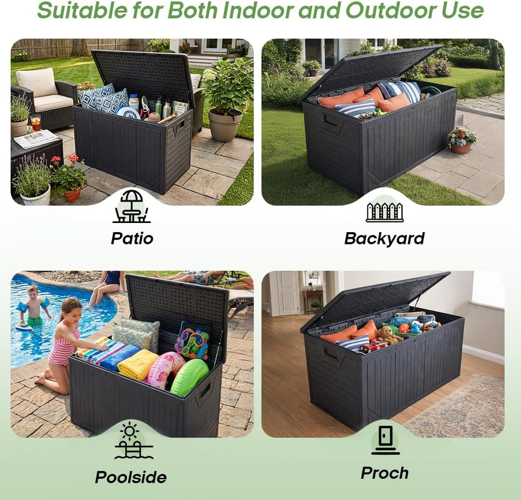 300 Gallon Outdoor Storage Deck Box, Extra Large Waterproof Resin Storage Box for Patio Cushions, Garden Tools, Pool Supplies, Outdoor Furniture Accessories, Black