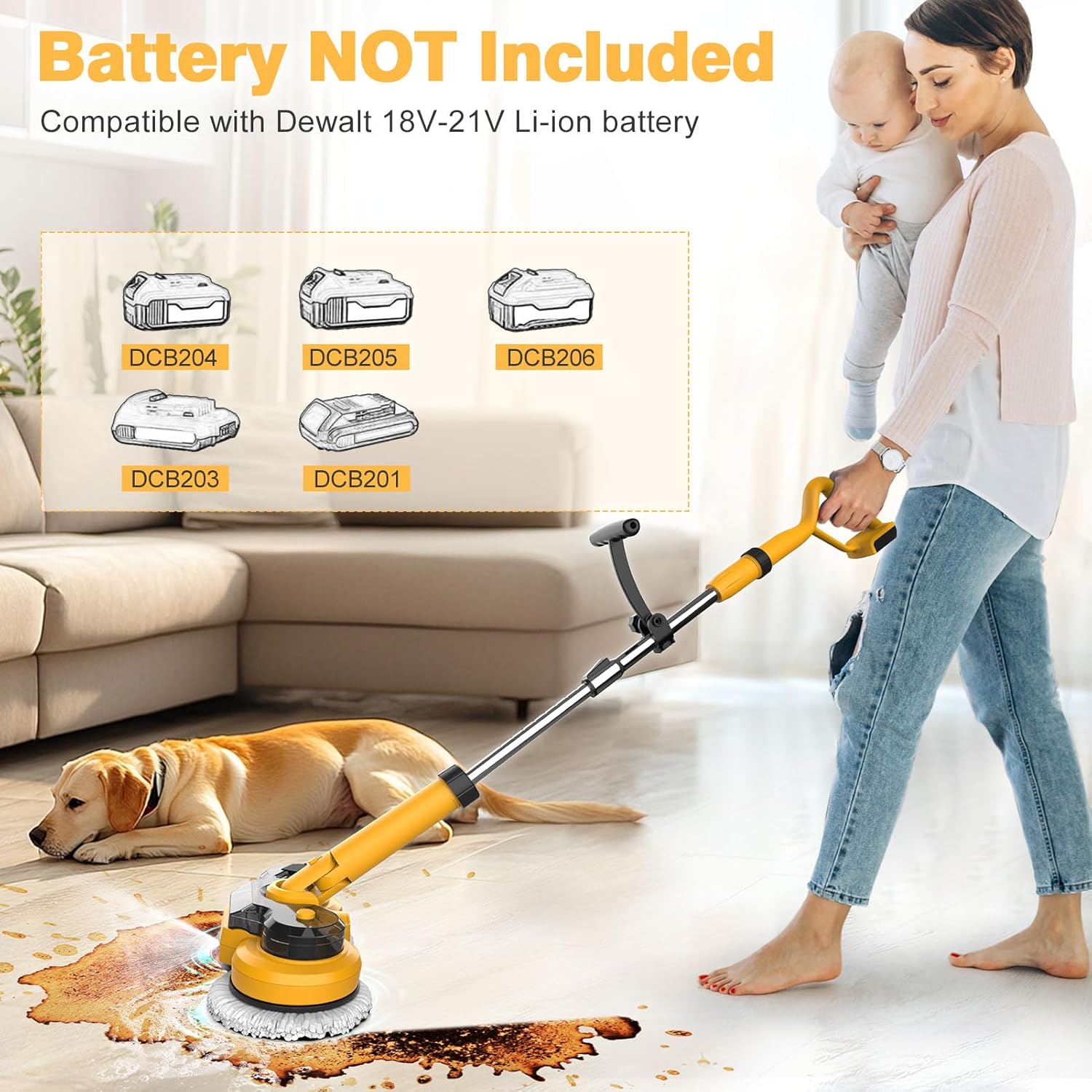 Cordless Electric Mop for Dewalt 20V Battery (NO Battery), 2 in 1 Spin Mop & Floor Scrubber Machine with LED Light & Water Spray, 800 RPM Electric Mops for Floor Cleaning, Hardwood,Tile