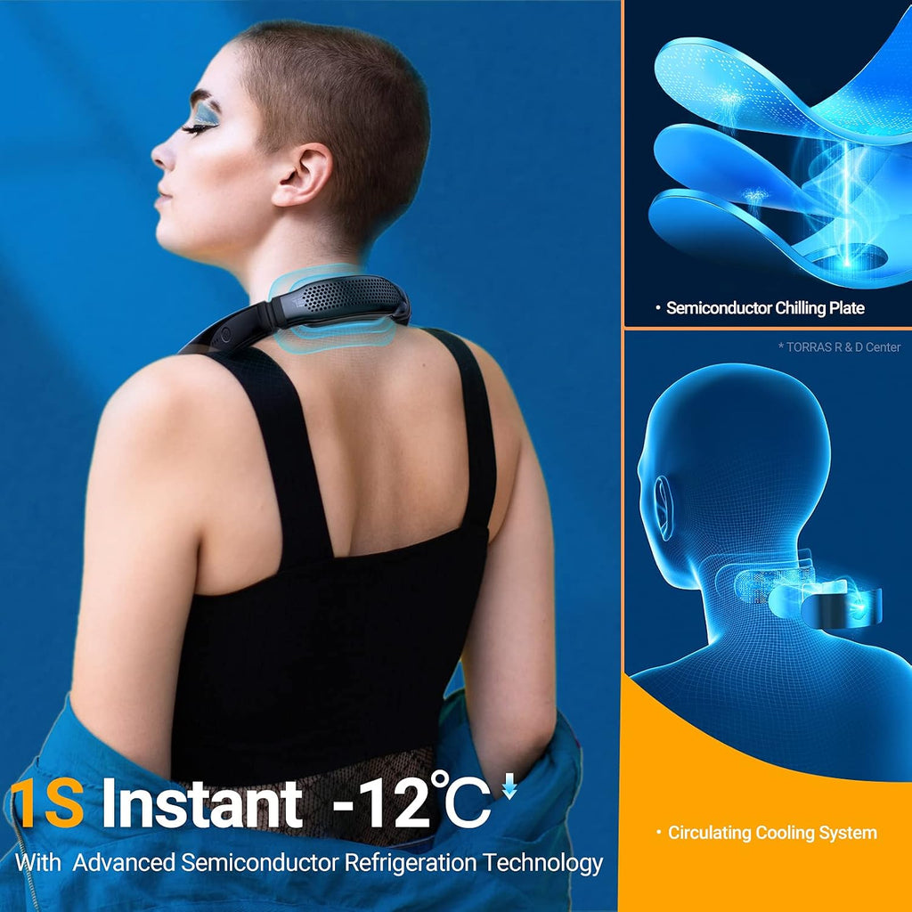 TORRAS Coolify Portable Neck Fan Air Conditioner, Rechargeable Hands Free Semiconductor Cooling Bladeless Fan, Leafless Mini USB for Outdoor/Home/Office, 3 Speeds, Brilliant Black