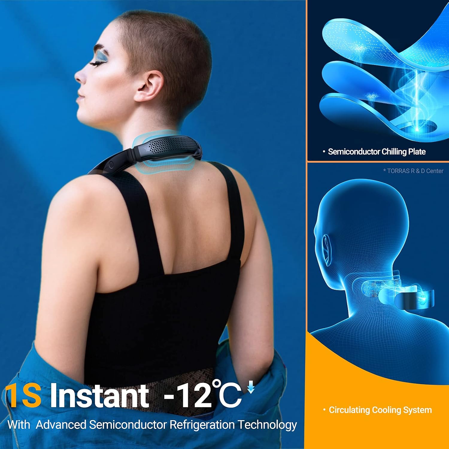 TORRAS Coolify Portable Neck Fan Air Conditioner, Rechargeable Hands Free Semiconductor Cooling Bladeless Fan, Leafless Mini USB for Outdoor/Home/Office, 3 Speeds, Brilliant Black