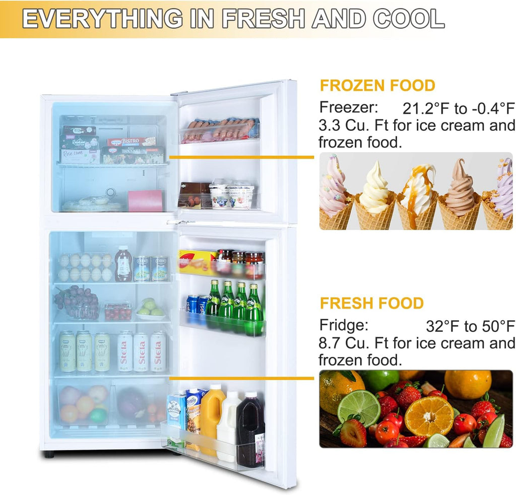 12.1 CU' Refrigerator with Freezer, Apartment Size Refrigerator Top Freezer, 2 Door Fridge with Adjustable Thermostat Control, Freestanding, Door Swing, White (FR 1202 WH)