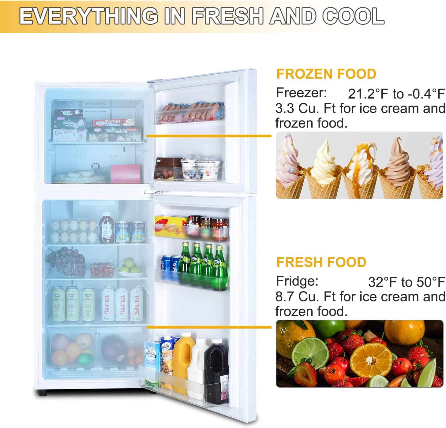 12.1 CU' Refrigerator with Freezer, Apartment Size Refrigerator Top Freezer, 2 Door Fridge with Adjustable Thermostat Control, Freestanding, Door Swing, White (FR 1202 WH)