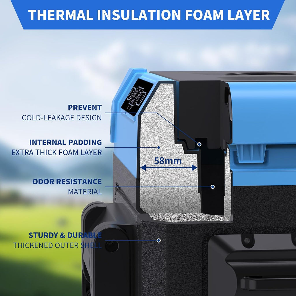 Car Refrigerator Fridge 48 Quart 45L Portable Freezer -4℉~68℉ Dual Zone Telescopic Handle All-Terrain Wheels Reversible Door 12/24V DC,110~240 Volt AC Compressor Cooler Blue