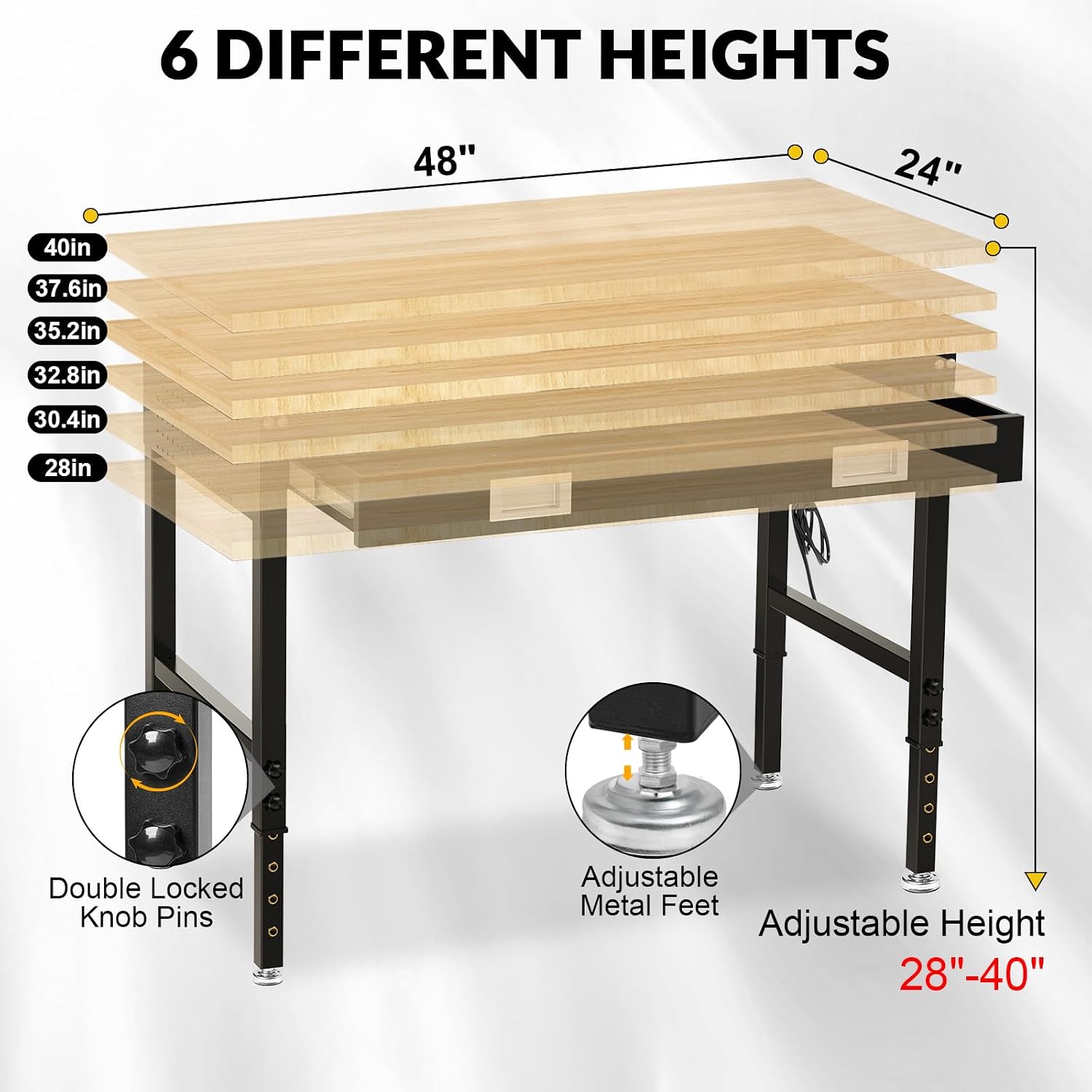 48' Heavy Duty Workbench for Garage with Drawers Rubberwood Tabletop Work Table with Pegboard, Power Outlets Adjustable Height Work Bench for Home, Office, Woodworking Shop