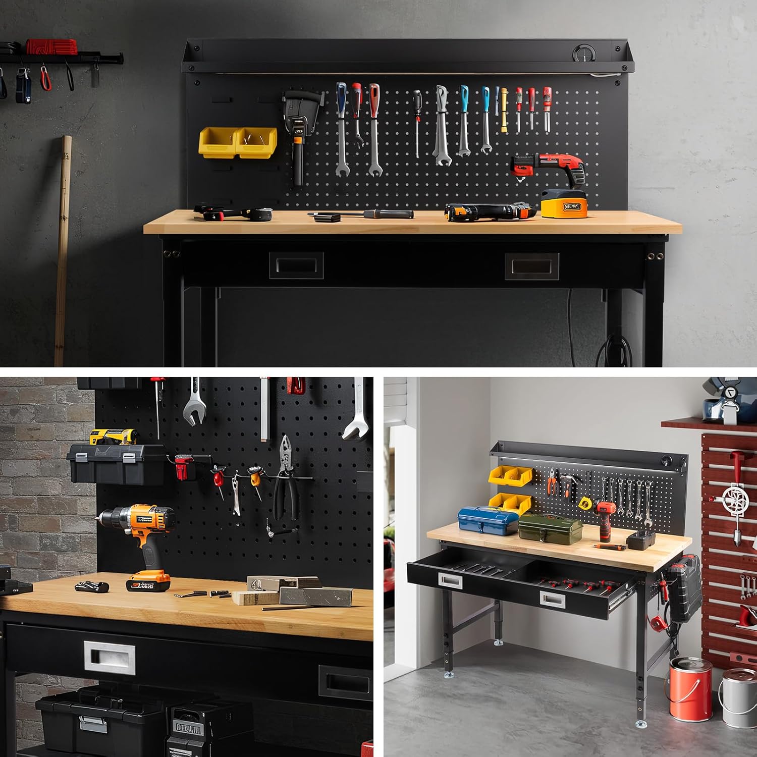 48' Workbench with Drawers, Work Benches for Garage with Strip Light, Adjustable Work Table with Large Pegboard, 2000 LBS Heavy Duty Table with Power Outlet Rubber Wood for Garage, Office