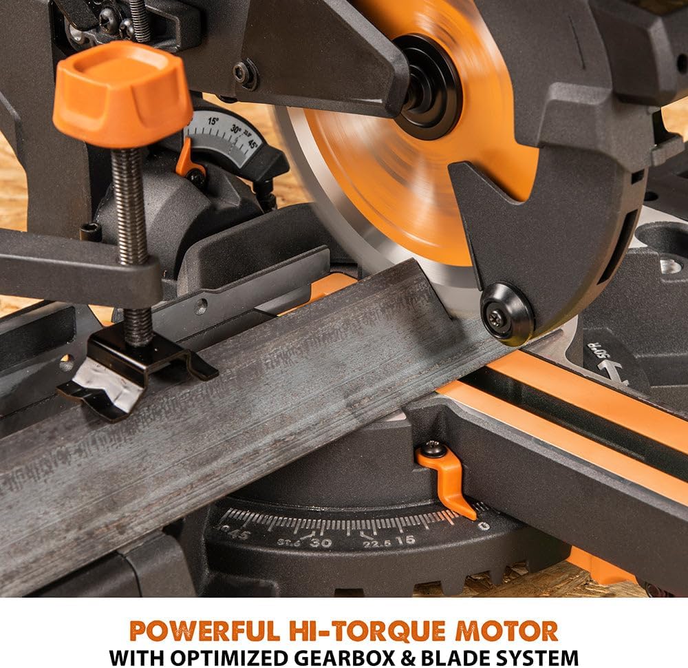 Evolution Power Tools R185SMS+ Sliding Miter Saw with Multi-Material Cutting, 45 Degree Bevel, 50 Degree Miter, 210 mm Slide, Blade Included Cuts Wood Plastic Metal & More, 7-1/4'