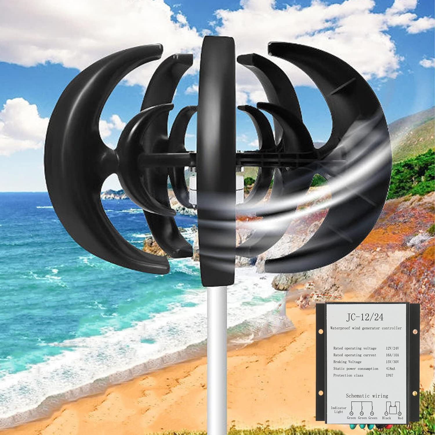 Vertical 5 Blades Maglev 12v 24v Wind Turbine Generator Portable Home Hybrids Streetlight 3000W Wind Energy Electricity Mini Wind Power Generator for Home Use,Black-24V