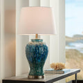 Possini Euro Design Antique Asian Style Temple Jar 3-Way Table Lamps with Table Top Dimmer Handmade 27' Tall Teal Color Ceramic White Fabric Empire Shades for Living Room Bedroom House (Colors May