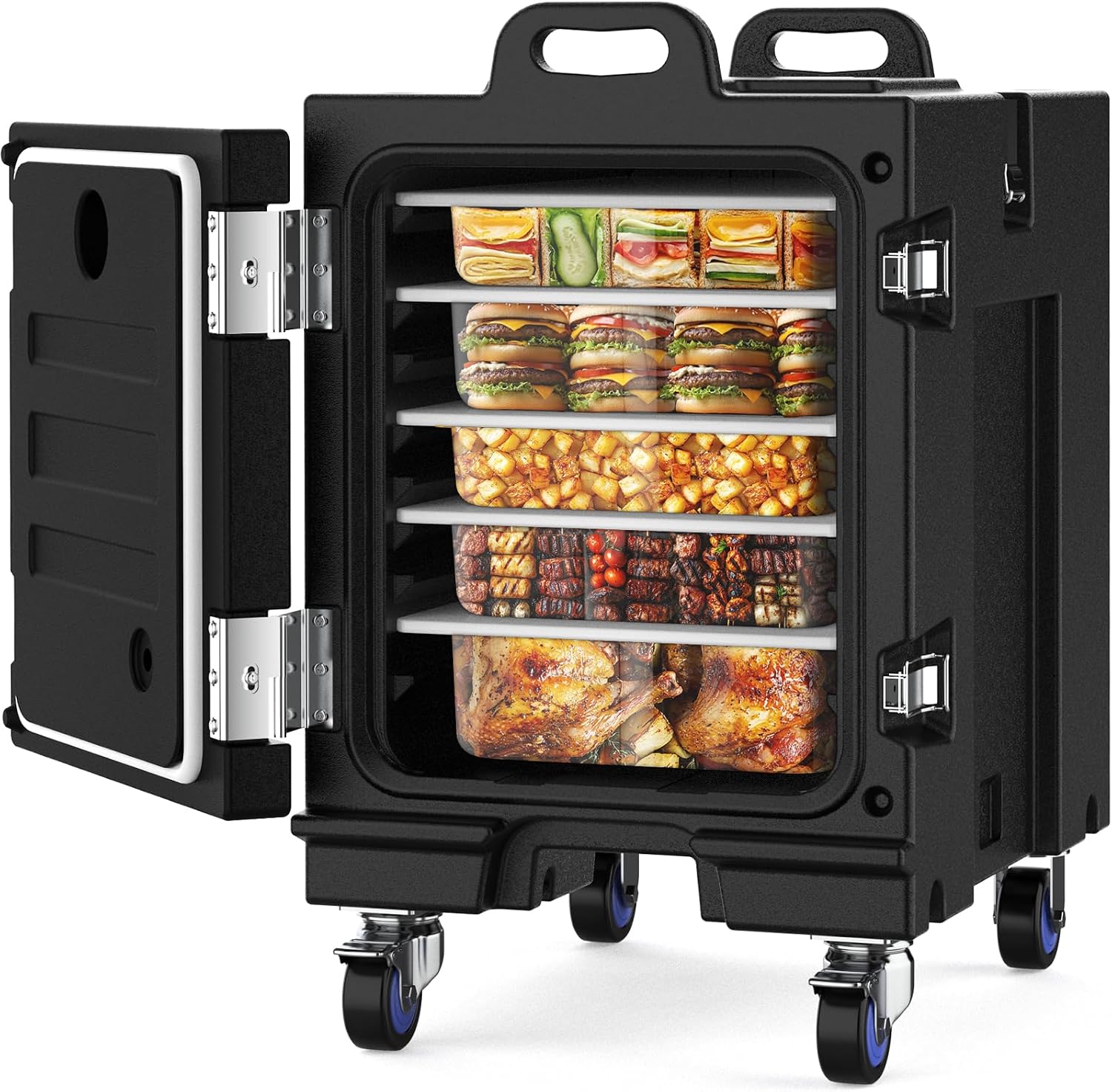 NEEDONE Food Warmer, 81 Qt Hot Box LLDPE Insulated Food Pan Carrier for Hot/Cold Food, w/Double Buckles, Lockable Wheels, Handles, Stackable Design, for Catering Restaurant Camping Family Party