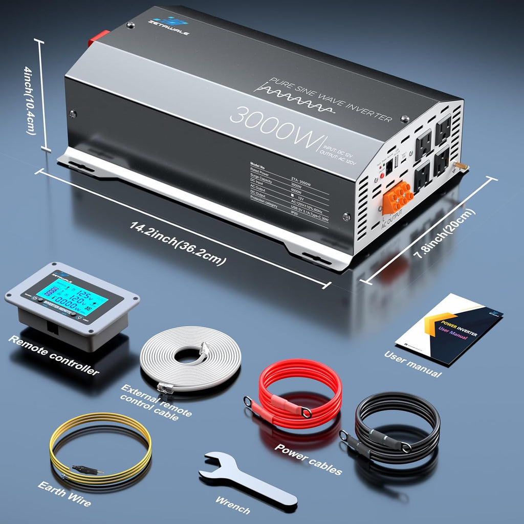 3000 Watts Pure Sine Wave Inverter 12V DC to 110V/120V AC Converter, 6000W Peak, LCD Remote Control, 4 AC Outlets, USB & Type-C – for RV, Truck, Off-Grid Solar System, Emergency Power