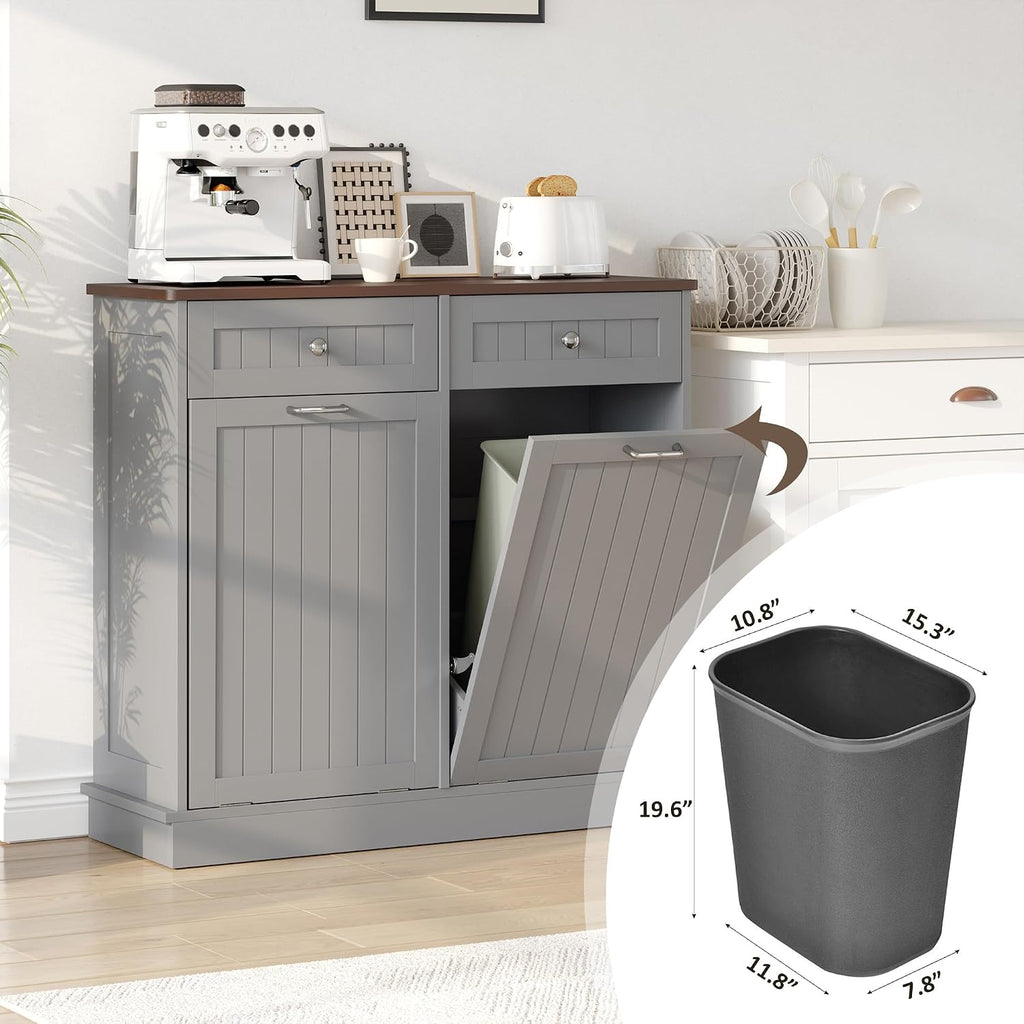 KIGOTY Double Tilt Out Trash Can Cabinet, 20 Gallon Hidden Trash Storage Cabinet with 2 Hideaway Drawers, Freestanding Trash Can for Kitchen, Wooden Laundry Hamper Cabinet, Pet Proof (Grey)