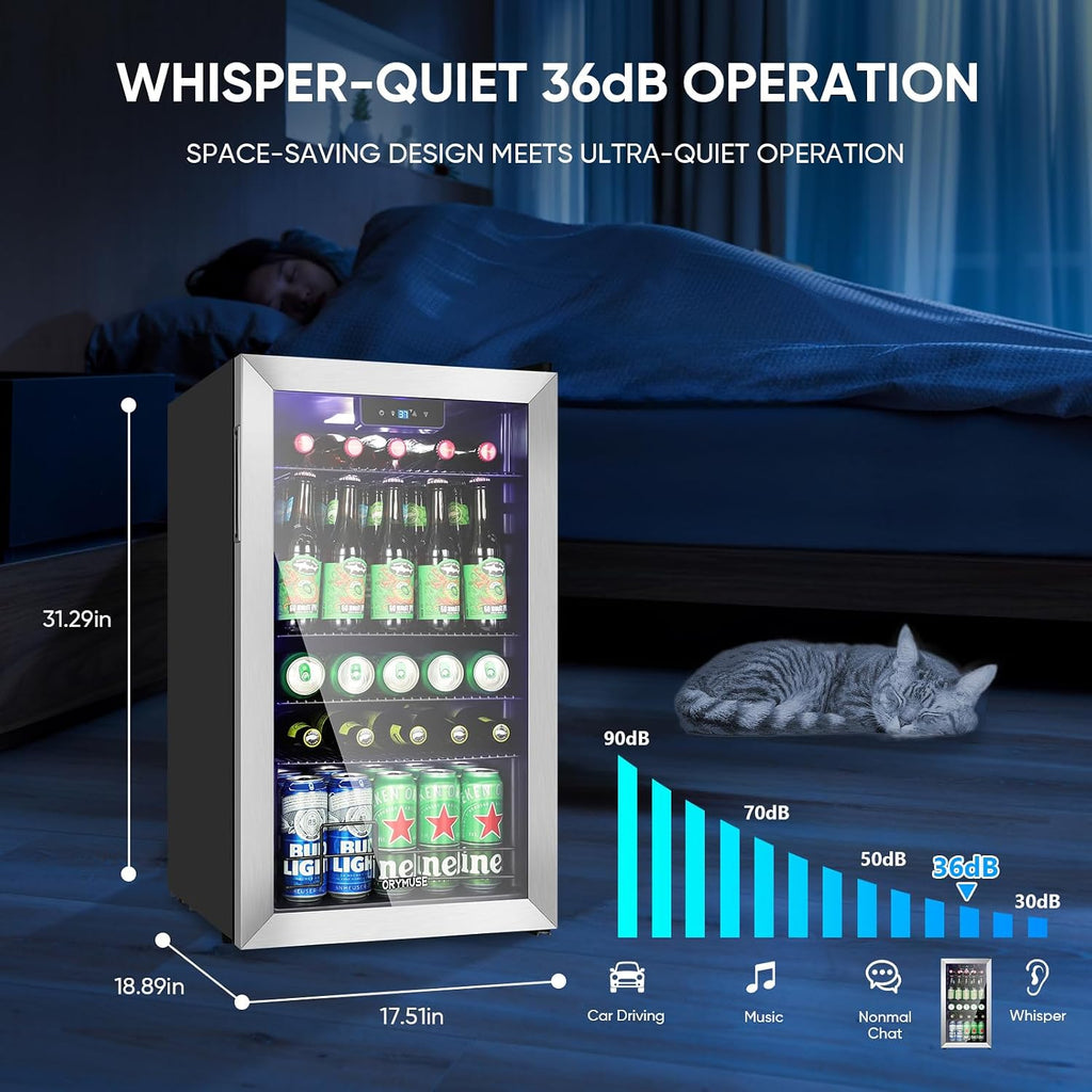 ORYMUSE 3.2 Cu.Ft Beverage Refrigerator, 130 Can Mini Fridge with Glass Door & Digital Temperature Control, Compressor Cooling Freestanding Cooler for Soda, Beer, Wine, Home, Office & Bar - Silver