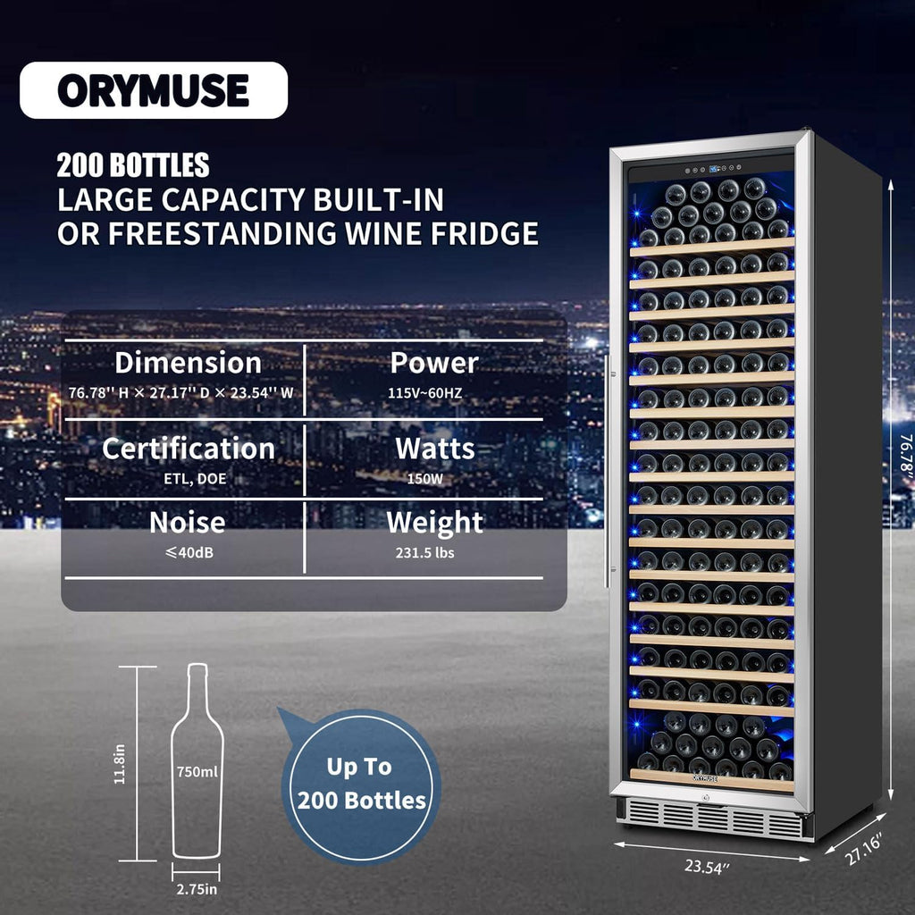 ORYMUSE Large 200 Bottle Wine Fridge - 24 Inch Wine Cooler Refrigerator, Freestanding and Built-in Design, Upgraded Compressor Cooling, Intelligent Temperature Memory