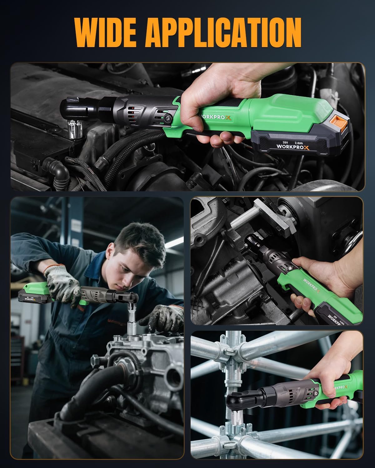 WORKPROX Electric Ratchet Wrench 1/2' Set, 20V Cordless Ratchet Wrench Kit, 74Ft-lbs, 250RPM, Battery Powered Ratchet with LED Light, 2-Pack 2000mAh Batteries, 7 Sockets & 3' Extension Bar