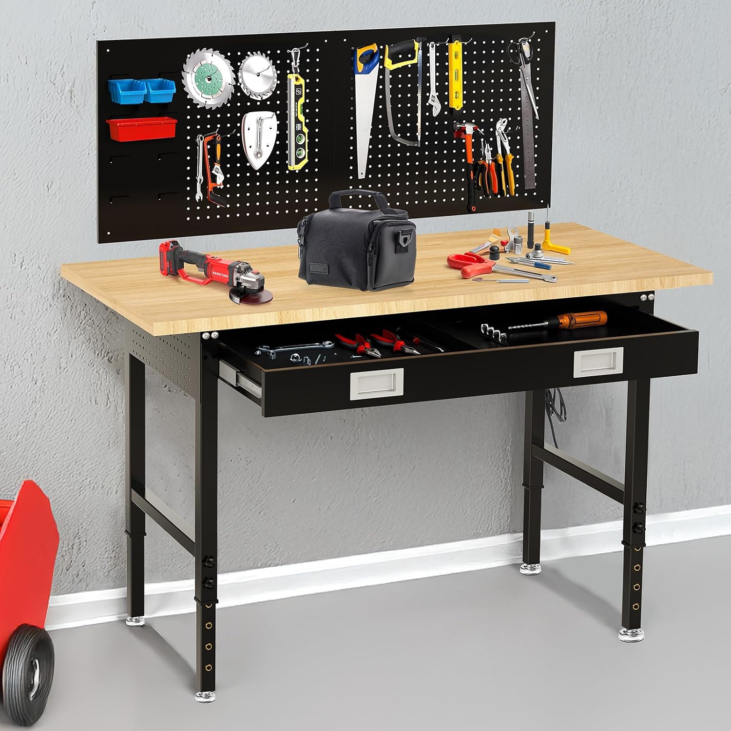 60' Heavy Duty Workbench for Garage with Drawers Rubberwood Tabletop Work Table with Pegboard, Power Outlets Adjustable Height Work Bench for Office, Home, Woodworking Shop