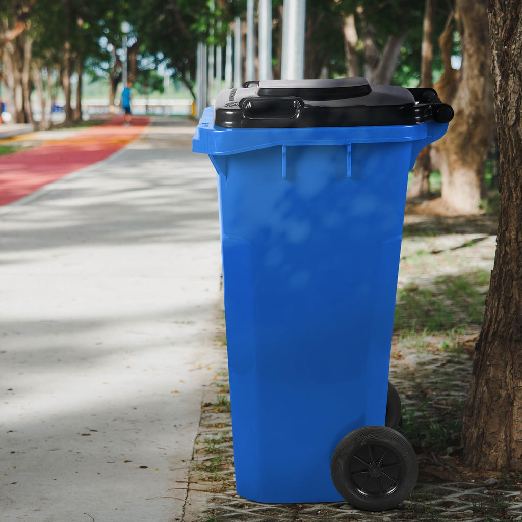 PLASTIC PRINCE 32 Gallon Trash Can with Wheels Outdoor Recycling Bin with Lid and Wheels Heavy Duty Rolling Garbage Can Commercial Wheeled Garbage Can for Home Garage Office, Set of Blue and Gray