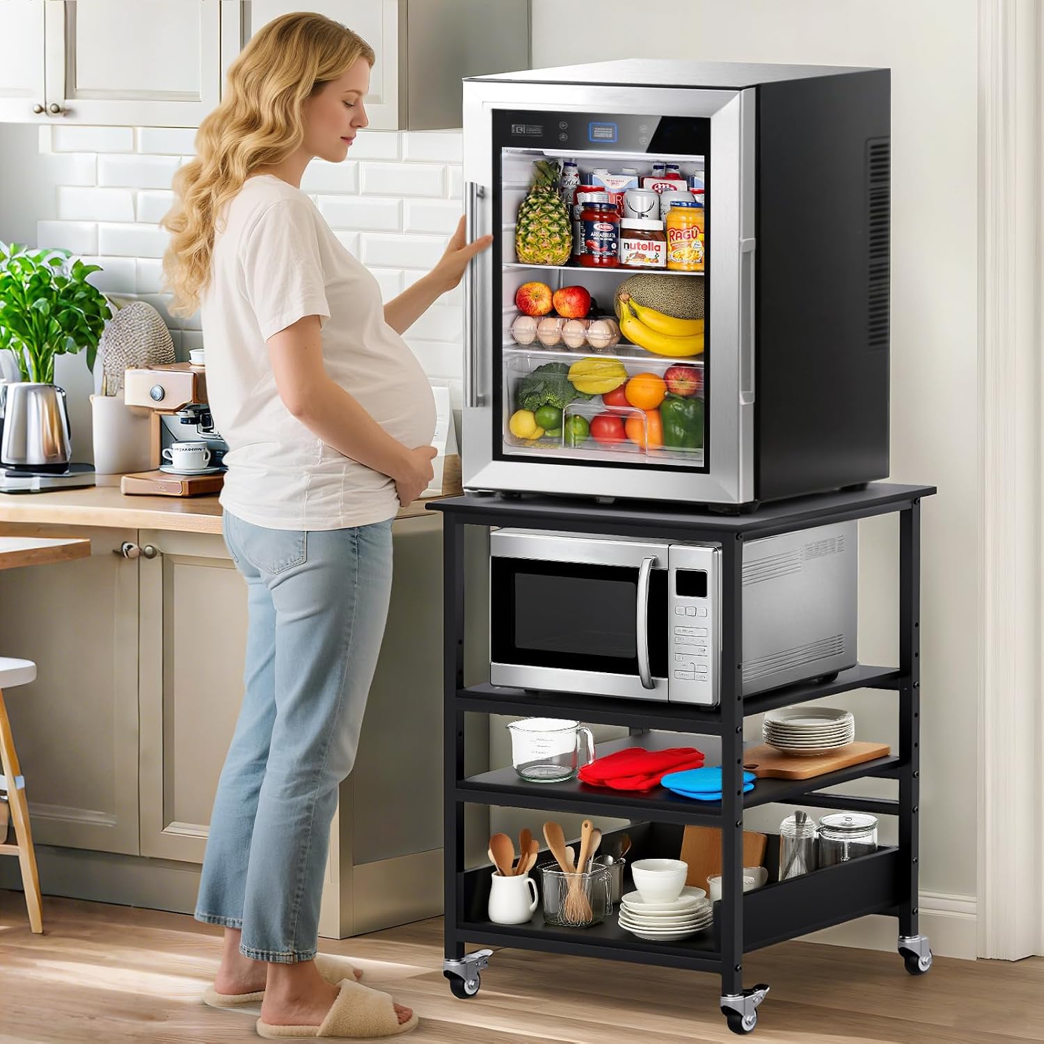 32' H Mini Fridge Stand with Storage - Avoid Bending Over Fit Elderly Pregnant Women Mini Fridge Shelf 4-Tier Small Refrigerator Stand with Adjust Storage Space Stainless Steel Wheel 19.7' L x 19.7' W