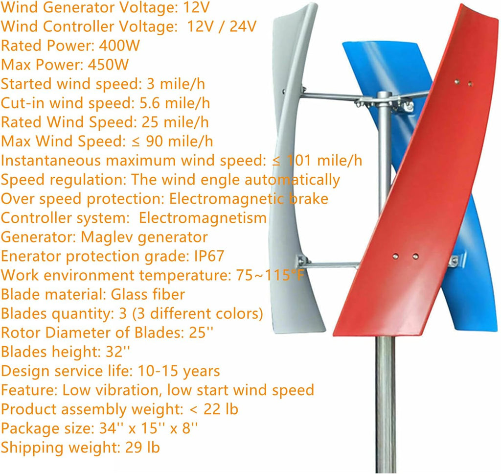 Wind Turbine Generator Kit - 450W DC 12V Vertical Wind Power Turbine with Charge Controller for Home, RV, Boat & Marine Electricity Set (3pcs Blades)
