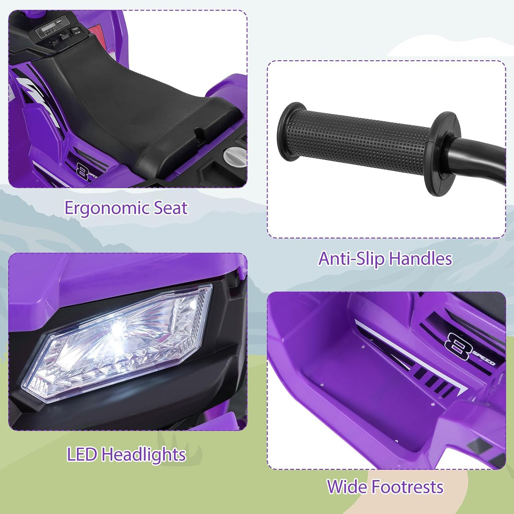 Costzon Kids ATV, 24V Four Wheeler Quad Ride on Car w/Forward/Backward, 2 Speeds, Wireless Connection, Music, Radio, LED Lights, Electric Vehicle Toddler 4 Wheeler for Kids, Boys & Girls 3-8 (Purple)