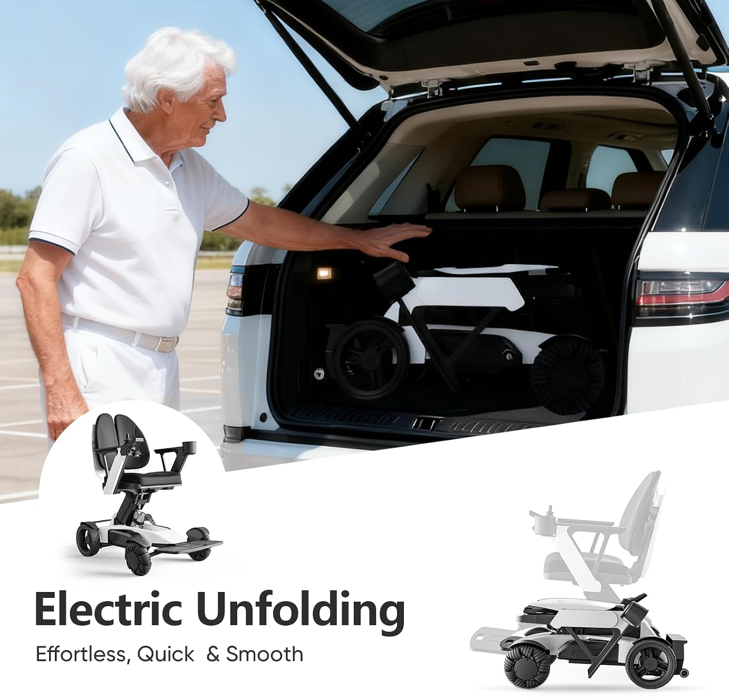 Electric Wheelchair for Adults with Remote Control & Electric Lift, Foldable Power Chair with Adjustable Ergonomic Backrest, Dual Motor All-Terrain Performance for Indoor & Outdoor Use, White