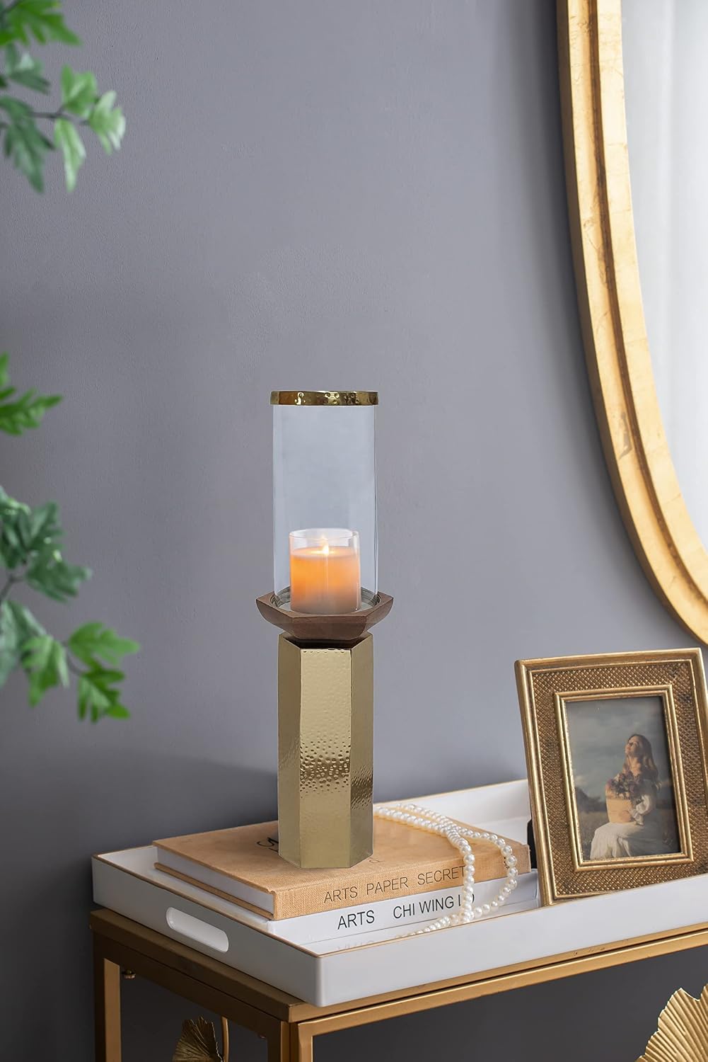 A&B Home Hammered Gold Candle Holder- Aluminum Candle Holder with Hurricane Glass, Decorative Tabletop Lighting, Living Room Coffee Table Accent Piece Dining Table Centerpiece, 5' x 5' x 18'