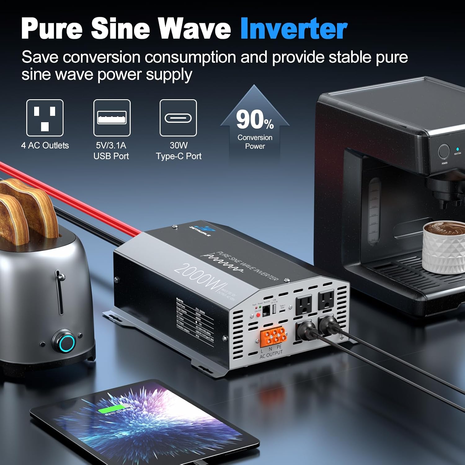 2000 Watts Pure Sine Wave Inverter 12V DC to 110V/120V AC Converter, 4000W Peak, LCD Remote Control, 4 AC Outlets, USB & Type-C – for RV, Truck, Off-Grid Solar, Emergency Power Backup