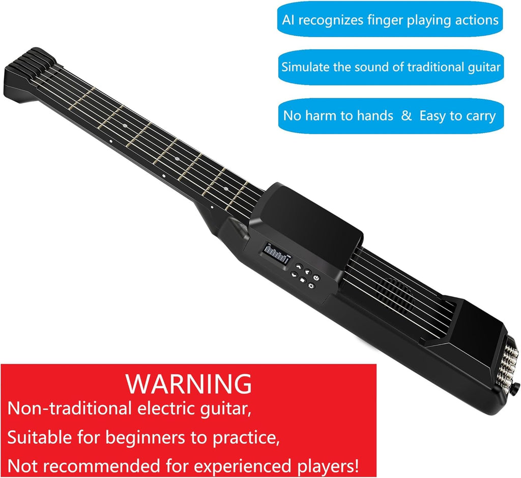 USB Charging Smart Acoustic Electric Pocket Travel Chord Practice Portable Guitar Neck for Beginner AI LCD (BLACK)