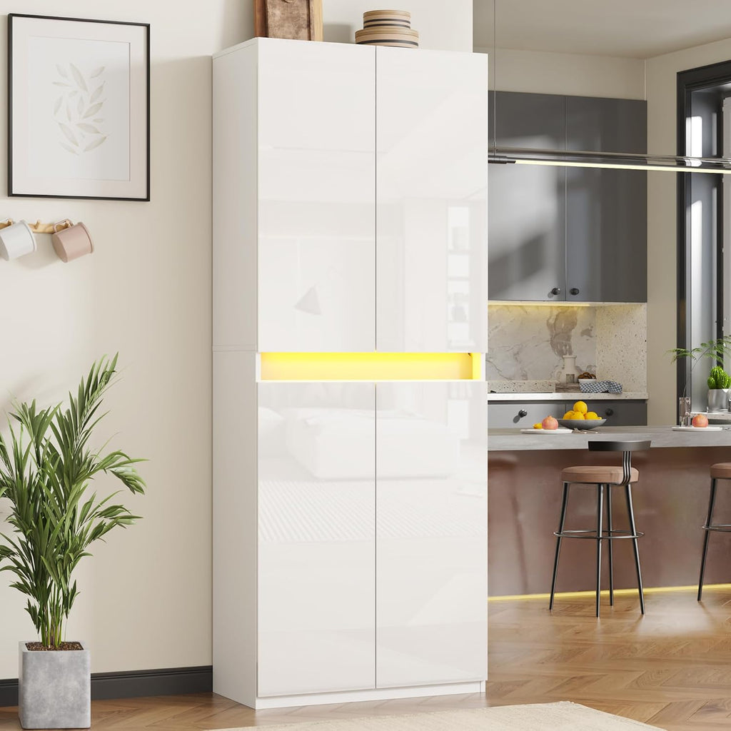 Furnify 71' Tall Pantry Storage Cabinet, Kitchen Pantry with High Gloss Doors, Modern Buffet Hutch Cabinet with Led Light and Adjustable Shelves for Dining Room, Living Room, White