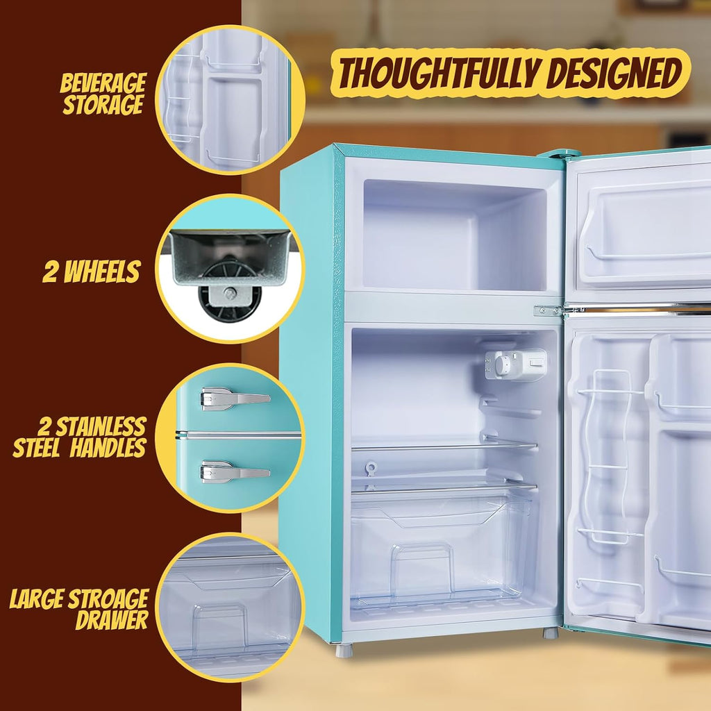 Small Fridge with Freezer Mini Refrigerator Double door Removable Glass Shelves 7 Temp Gear Detachable Handle Blue
