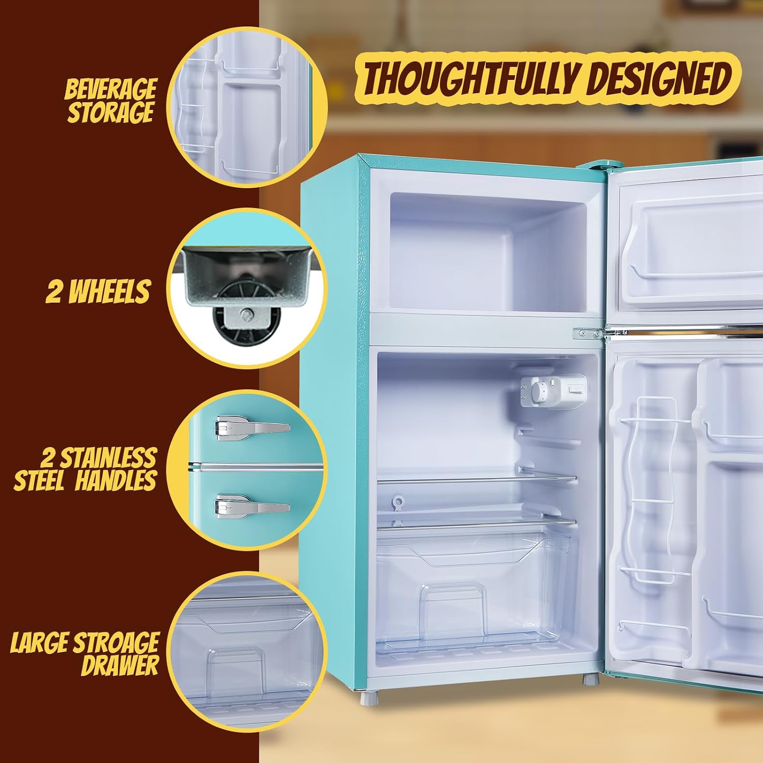 Small Fridge with Freezer Mini Refrigerator Double door Removable Glass Shelves 7 Temp Gear Detachable Handle Blue