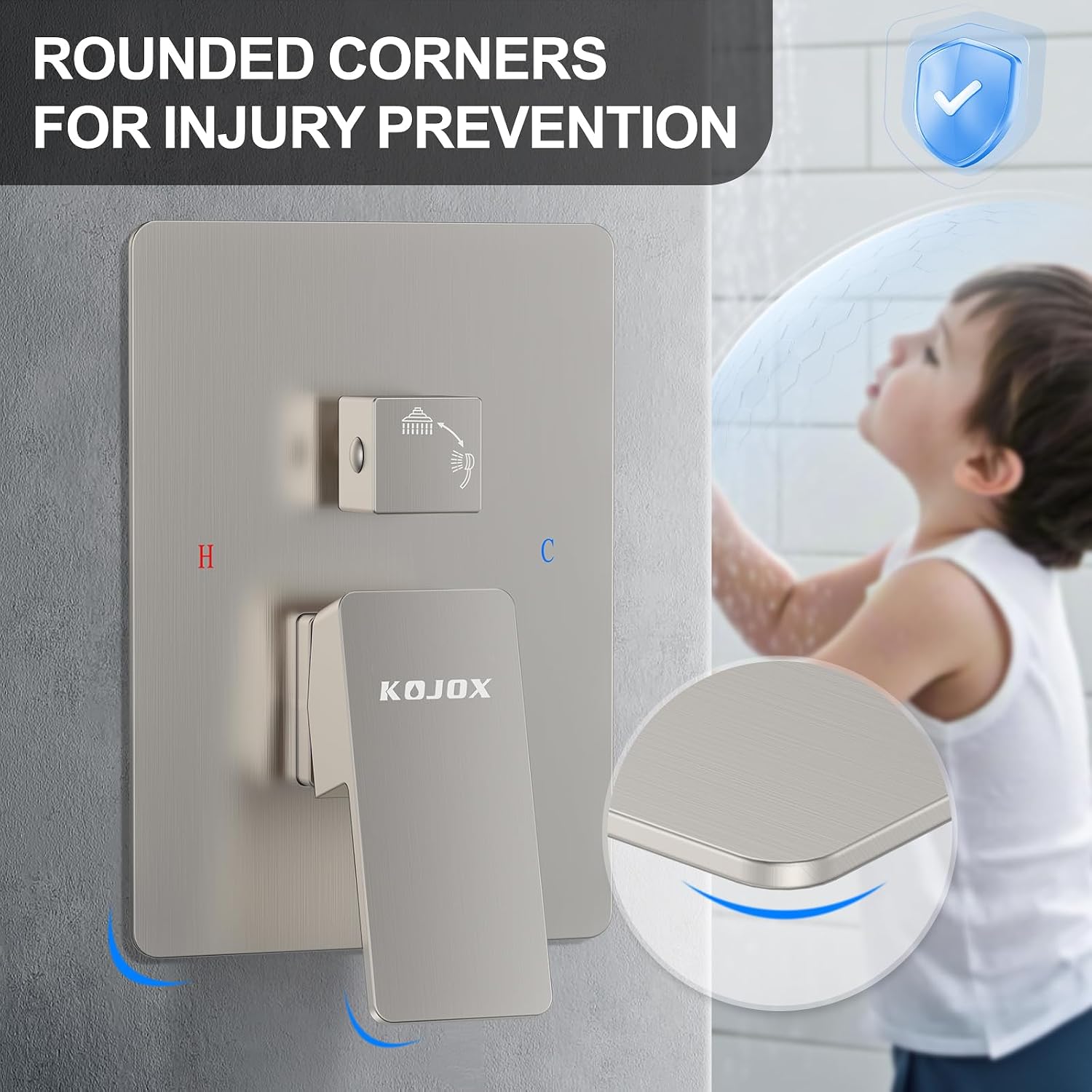 KOJOX Shower System with High Pressure 12 Inch Rainfall Shower Head, Handheld Shower head and Shower Faucet Trim valve, Bathroom Luxury Rain Mixer Shower Set Wall Mounted Brushed Nickel