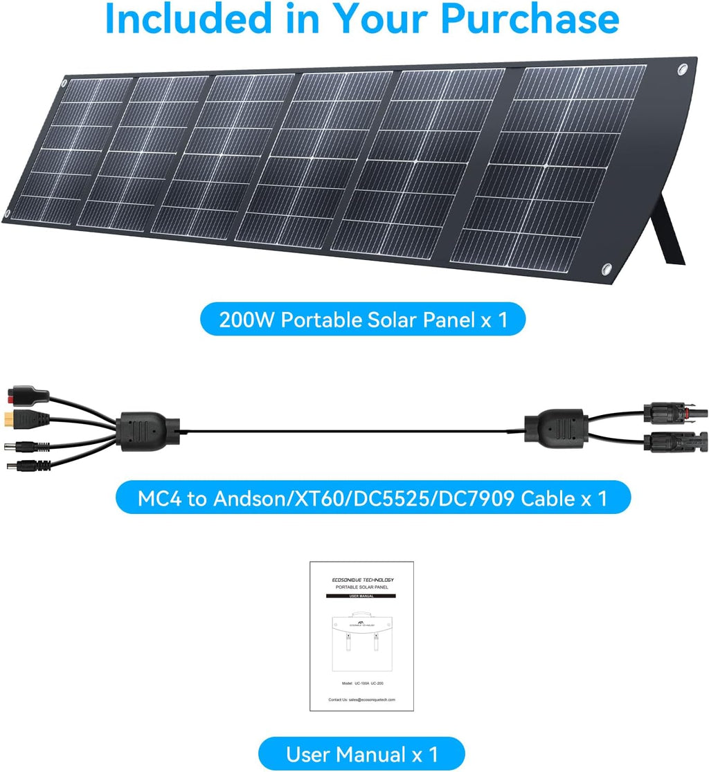 Ecosonique 100W and 200W Portable Lightweight Solar Panel with USB-C PD3.0 & USB-A QC3.0, 20V MC4 DC Output for Generator, Power Station, RVs, Camping
