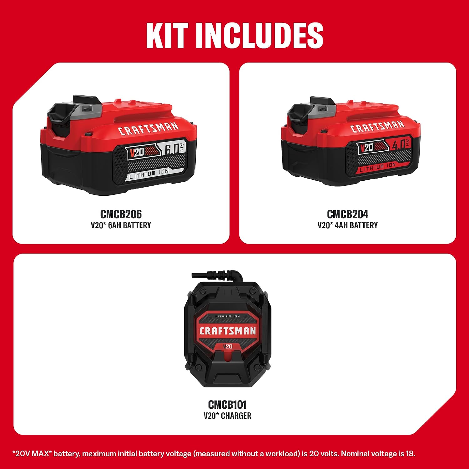 CRAFTSMAN 20V Battery and Charger Set, 4Ah and 6Ah Lithium Ion Batteries and 1 Charger, Cordless Tool Battery Packs (CMCB2046-CK)