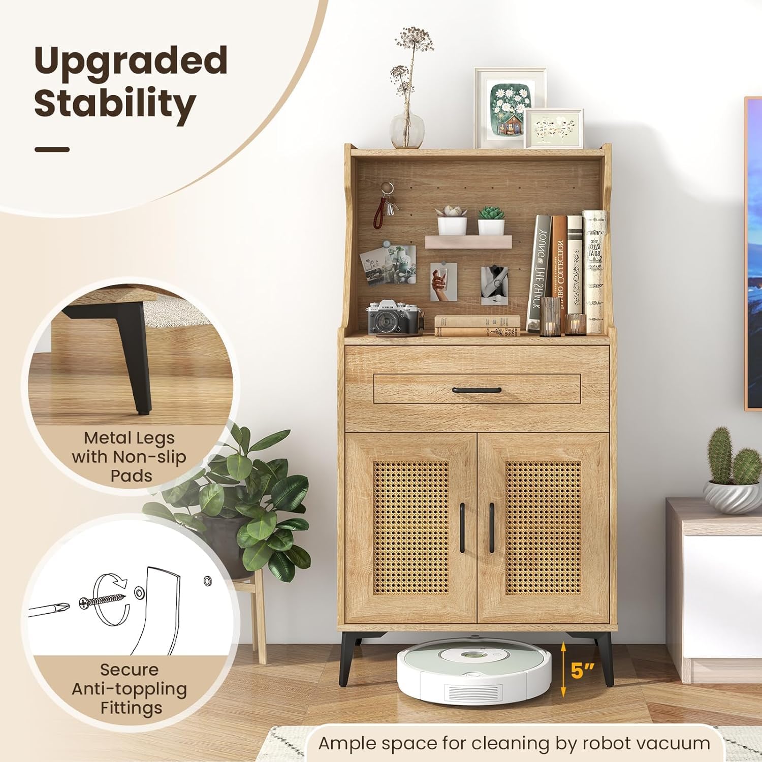 LDAILY Kitchen Pantry Cabinet, Rattan Buffet Cabinet with Hutch, DIY Pegboard, Adjustable Shelf, Drawer, Farmhouse Sideboard Buffet Cabinet with Storage for Coffee Bar, Natural Oak