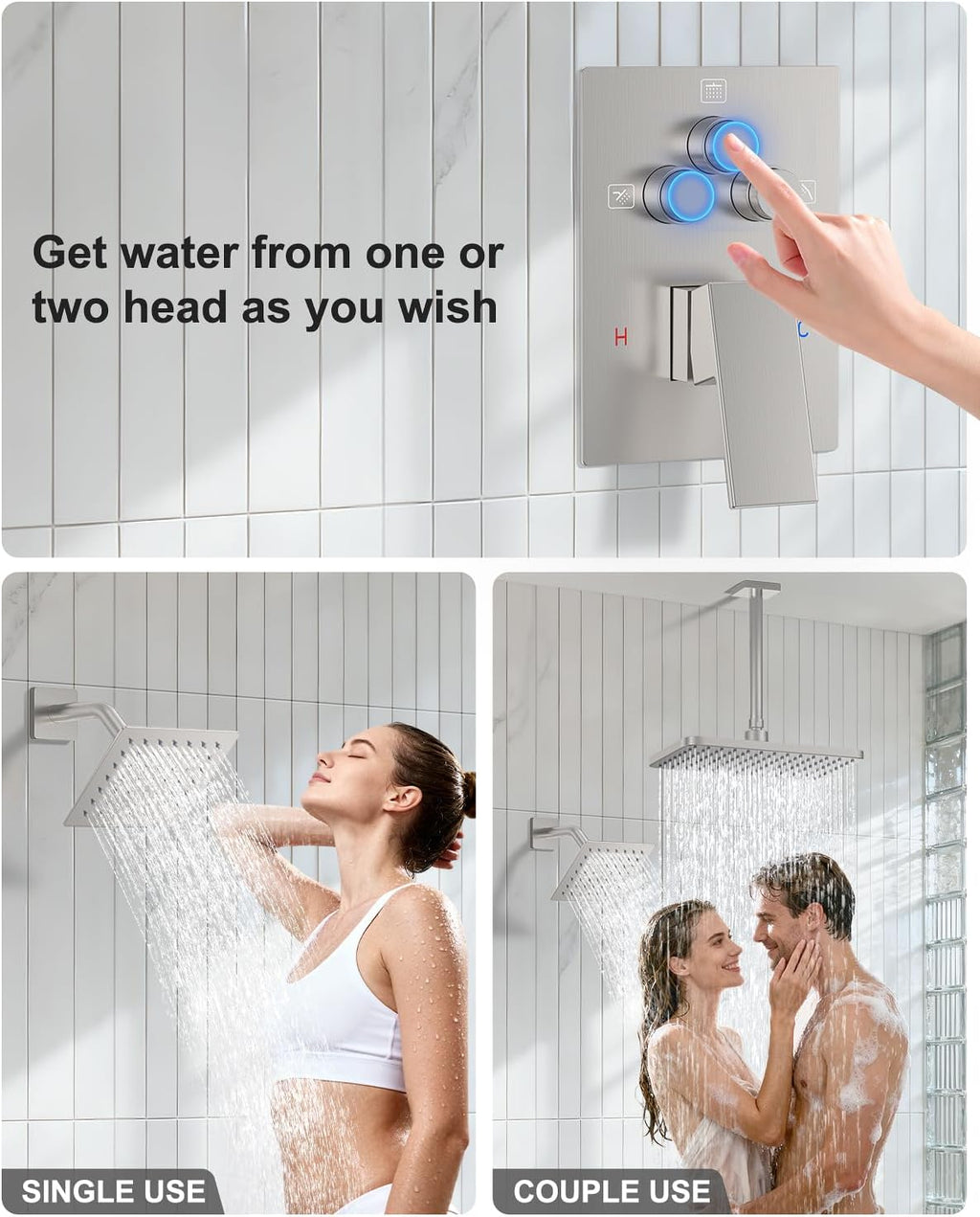 KOJOX Brushed Nickel Dual Shower Head System – 11' Ceiling Rainfall + 6' Wall Mount Heads, 6-Mode Handheld Spray, Push-Button Diverter Faucet Set