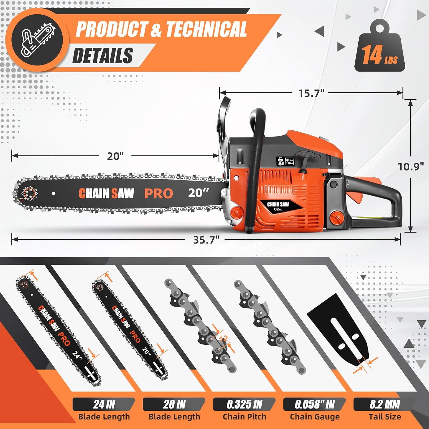 62CC Gas Chainsaw, Professional Chainsaw with 2-Stroke Engine, 20inch & 24inch Chain Saw Bar, Ergonomic Non-Slip Handle & Dual Fuel Tanks for Tree Wood Cutting