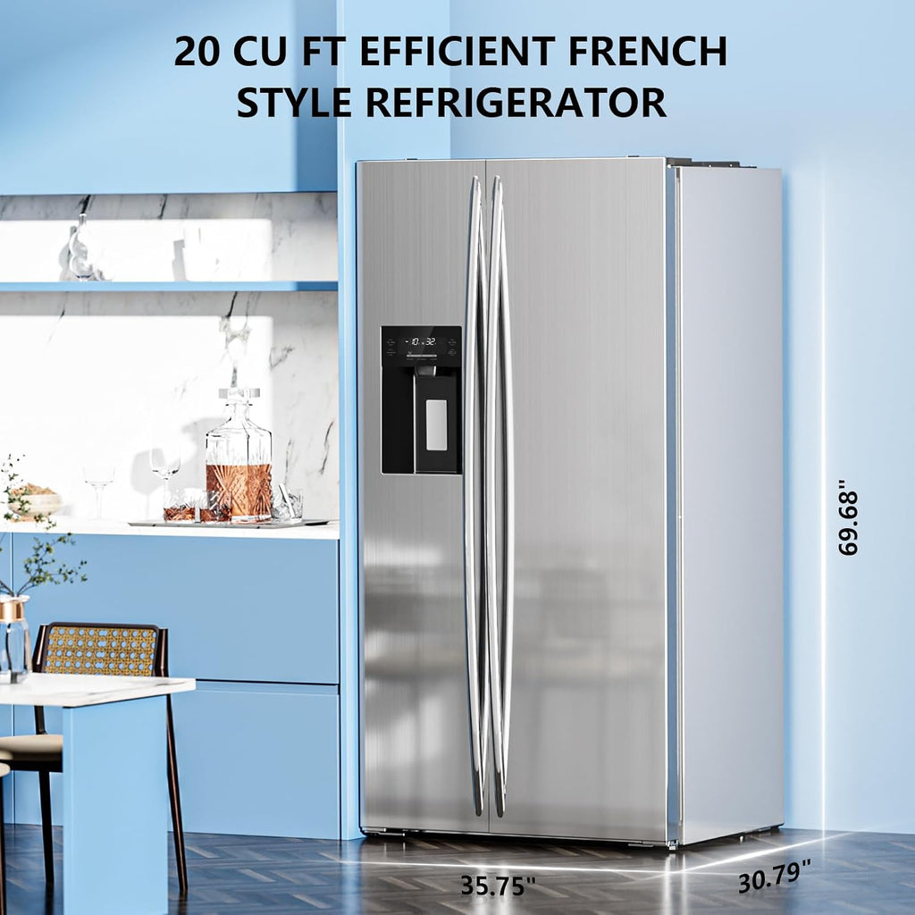 Antarctic Star French Door Refrigerator with Side Freezer, Nugget and Cube Ice Maker, Adjustable Thermostat, 20 Cu. Ft., Stainless Steel