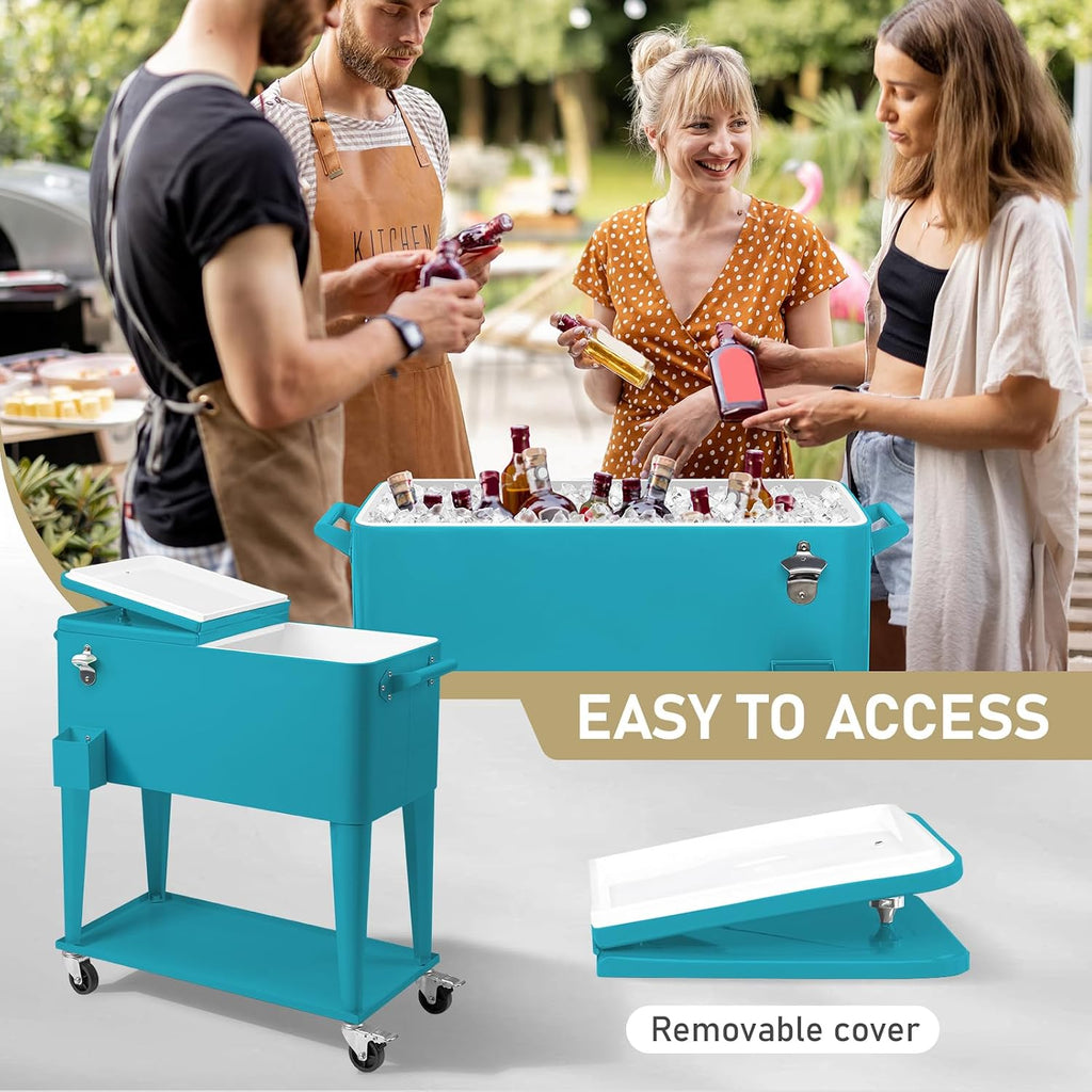 Outvita 80 Quart Rolling Ice Chest, Portable Bar Drink Cooler with Catch Basin, Bottom Storage Tray and Bottle Opener for Patio Party BBQ Beach Activities