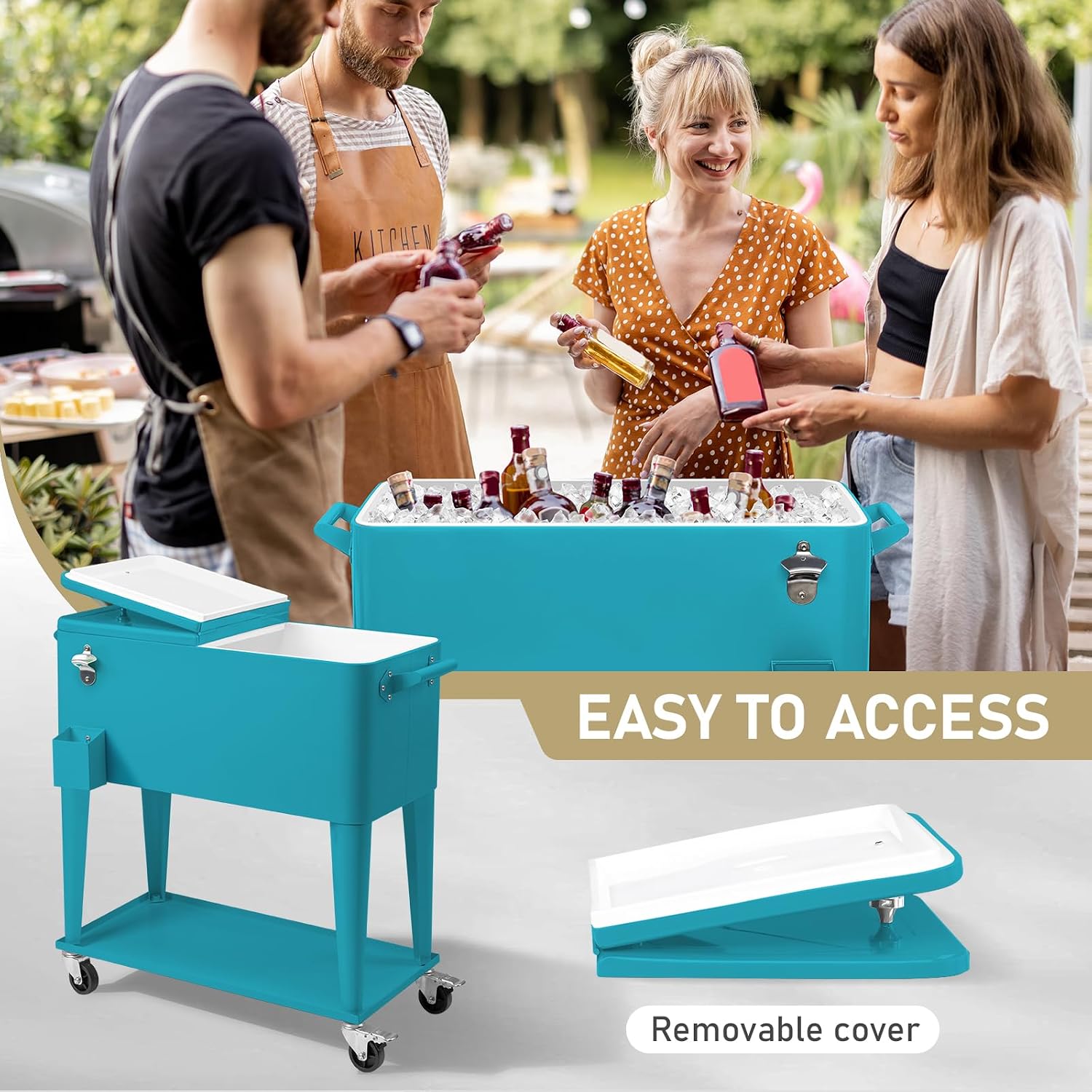 Outvita 80 Quart Rolling Ice Chest, Portable Bar Drink Cooler with Catch Basin, Bottom Storage Tray and Bottle Opener for Patio Party BBQ Beach Activities