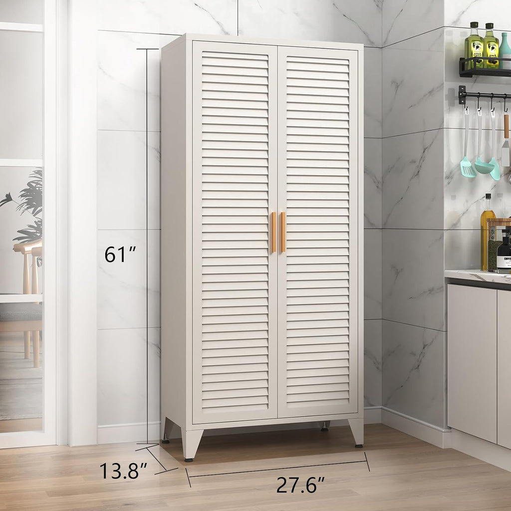 61 'H White Lockable Steel Storage Cabinet,Double Louver Shutter Ventilated Door Metal Wardrobe Cabinet 3 Tier Adjustable Shelves Freestanding Storage Locker for Bedroom,Home Office