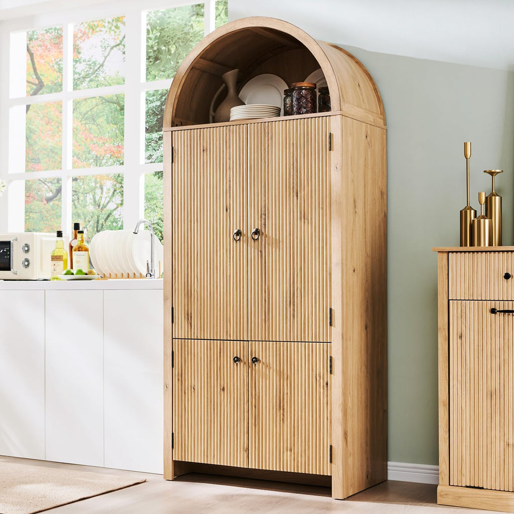 IFBUY 71' Tall Arched Bathroom Storage Cabinet, Modern Fluted Storage Cabinet w/Doors, 3 Adjustable Shelves, 6 Door Shelves, Wood Freestanding Cabinet for Bathroom, Entryway, Hallway, Natural