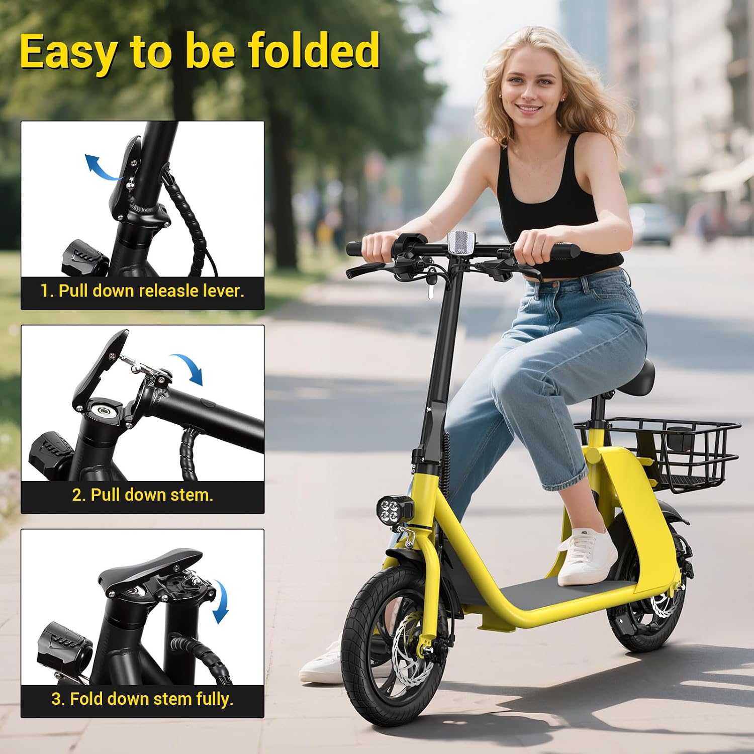 SEHOMY 2 Seater Electric Scooter for Adults 330lbs, Folding Escooters with Seat, 850W Peak Motor, 25/20 Miles Range, 22/15.5 MPH, Storage Basket, Electronic City Commuter Bike Motor Scooters