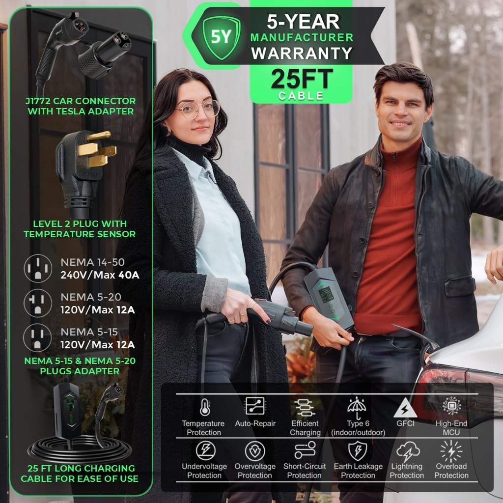 MACH 3 Fast 40 Amp Level 1&2 Portable EV Charger, NACS Connector Electric Vehicle Charging Station, 120-240V NEMA 14-50 w/ 5-15 Adapter. Outdoor EVSE, 25ft Cable with Holder