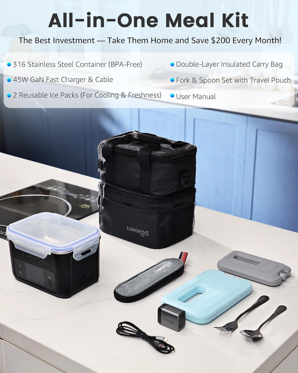 LUNCHGO® G1-Long Range(103 Wh), Smart Electric Heated Lunch Box Food Warmer – Cordless, 5 Cups, Battery Powered, 250°F Max, Scheduled Heating, Perfect for Outdoor Work, On-The-Go Meals (Carbon Black)