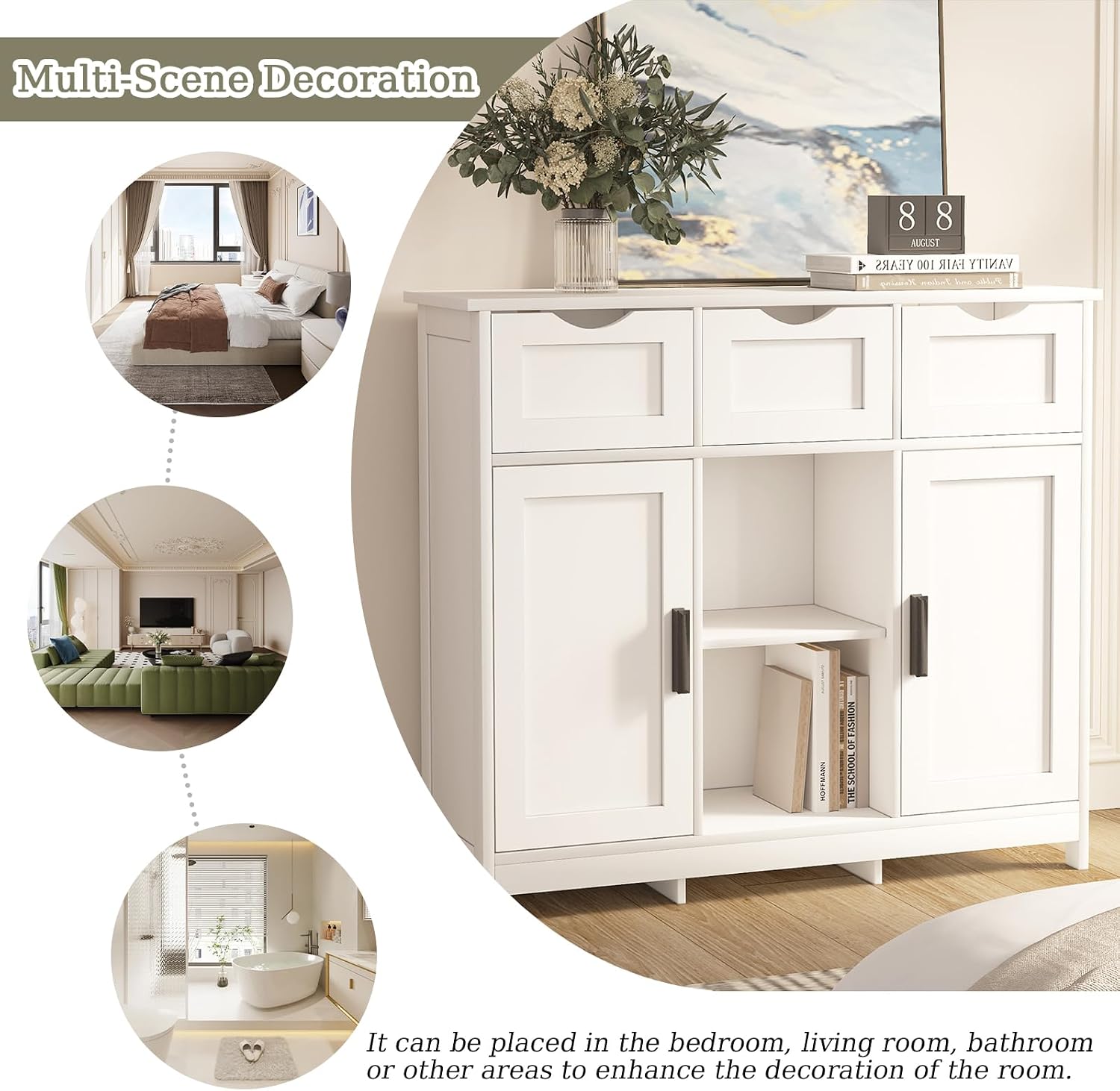 Sideboard Floor Storage Cabinet - Wooden Storage Organizer with 2 Doors and 3 Drawers, Free Standing Accent Buffet Cabinet with Adjustable Shelves for Living Room, Kitchen,Bathroom (White)