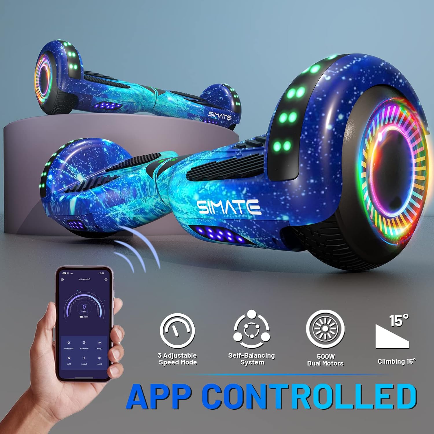 SIMATE Hoverboard, Bluetooth All Terrain Hover Boards with LED Lights and APP Control, Gifts for Kids Adults Girls Boys, for All Ages